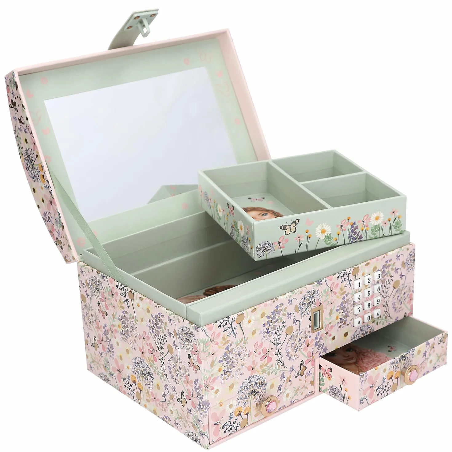 Depesche TOPModel Summer Feeling - Großes Schmuckkästchen in Rosa, mit Model Motiv und floralen Details, Schmuckbox mit Code, Sound und Spiegel