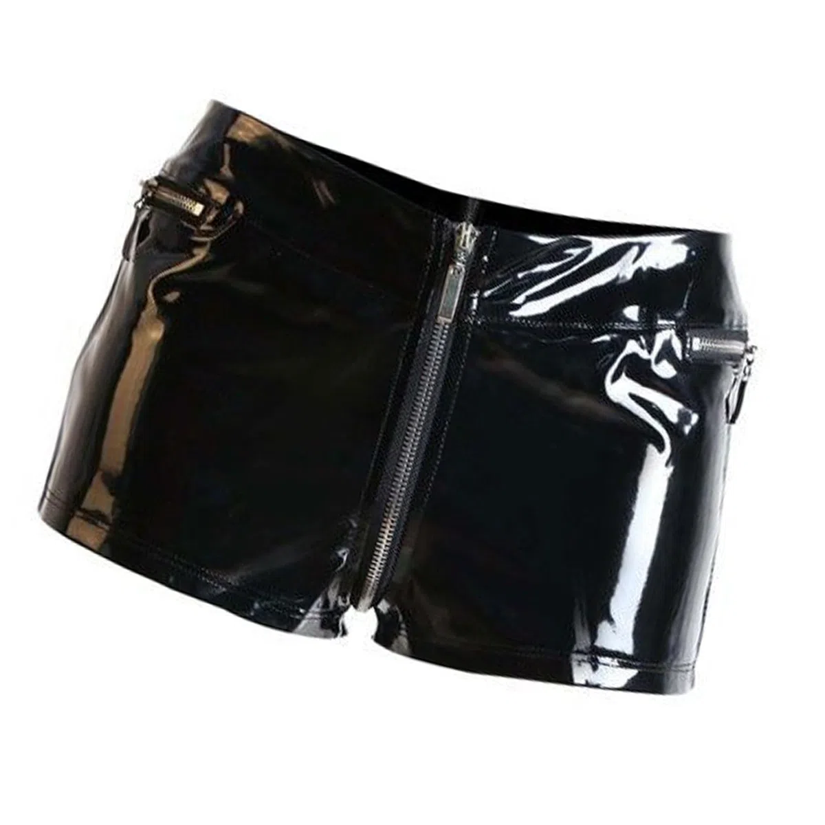 Wetlook-Shorts für Damen, mit Reißverschluss, Kunstleder, hohe Taille, Clubwear, Reißverschlüsse, Hotpants im Schritt