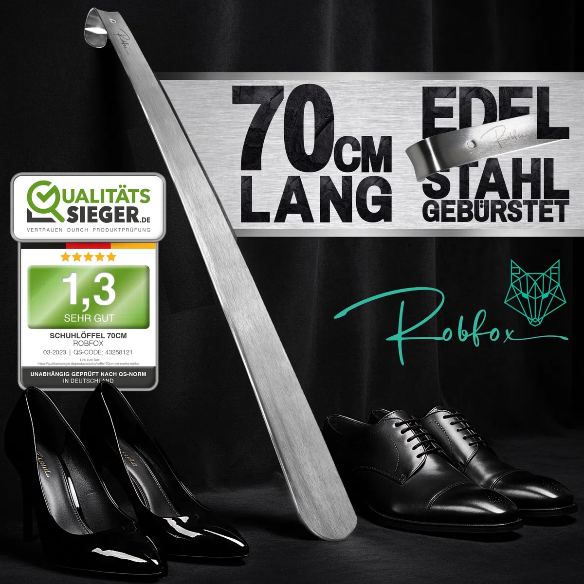 Robfox 70cm Schuhlöffel I extra stabiler Schuhanzieher aus gebürstetem Stahl I lange Schuhanziehhilfe I Rückenschonender Schuh Löffel in Premium Qualität (Silber)