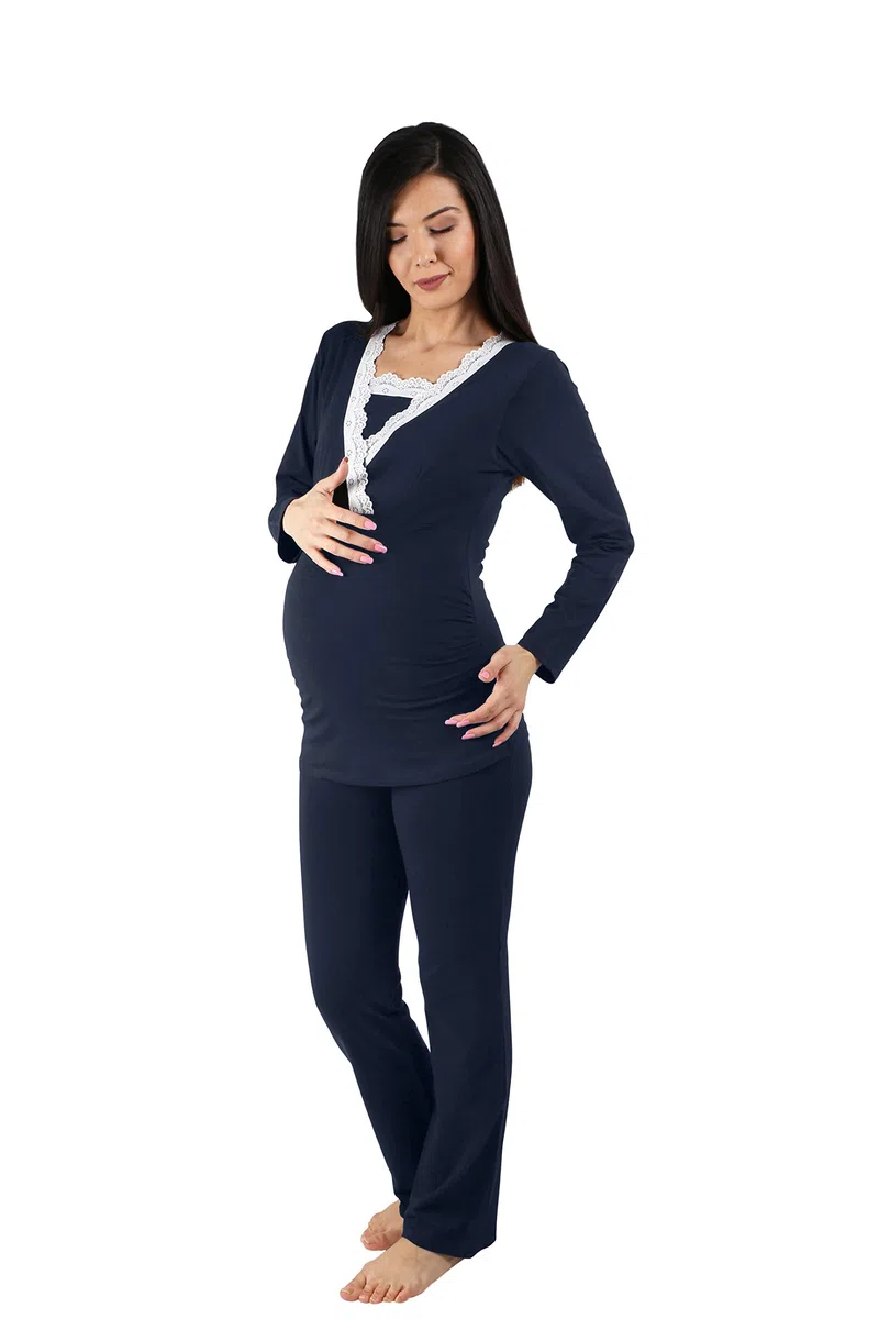 M.M.C. Still-Pyjama Set mit Spitze für Damen - Umstandspyjama Schlafanzug Nachtwäsche für Schwangerschaft und Stillzeit mit Stillfunktion, Langarm
