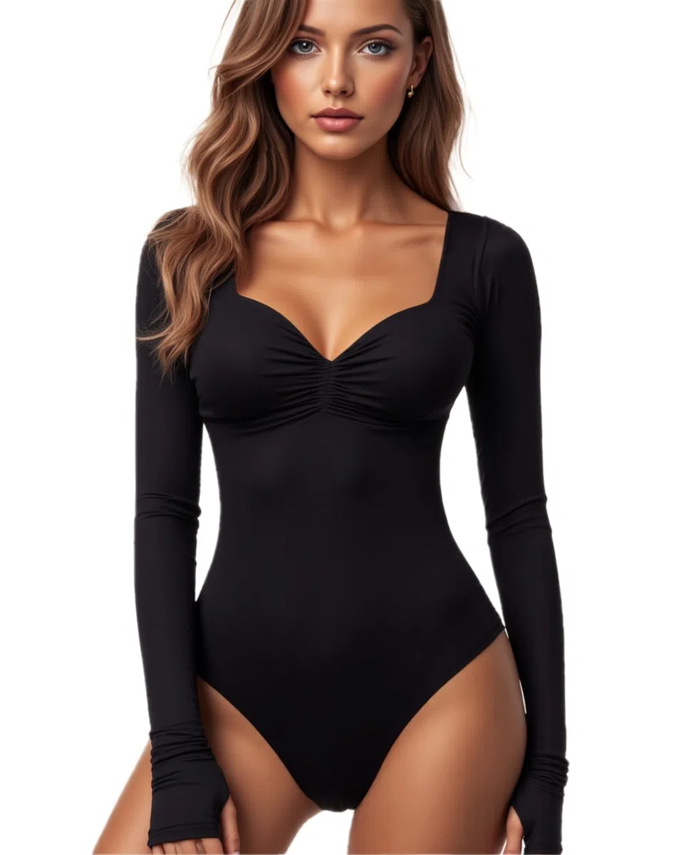 Damen Bodysuit mit Quadratischem V-Ausschnitt, Sexy Oberteile Mode Langarm Going Out Tops Stretchy Körper Anzug