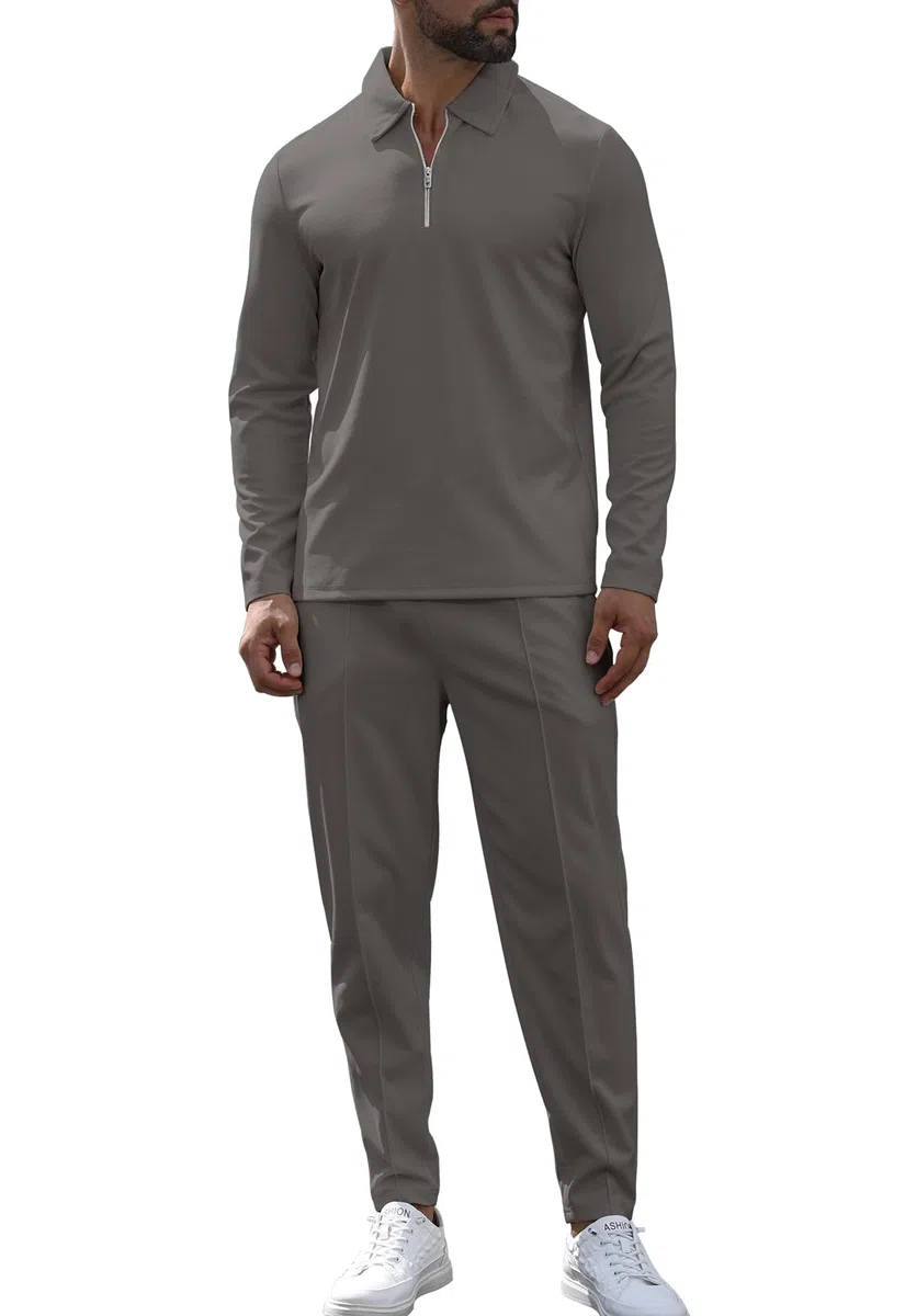 KUYIGO Herren-Trainingsanzüge mit 1/4-Reißverschluss, Poloshirt, 2-teiliges Outfit, Langarm-Pullover, Trainingsanzug-Set, Sweatshirt und Jogginghose, lässige Waffel-Oberteile, Hose, Sport, Activewear