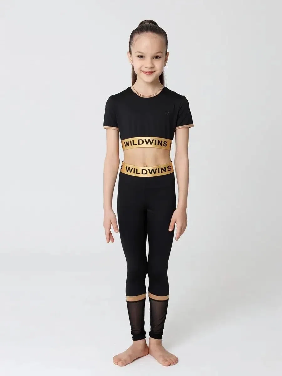 Gran Prix Crop Top Mädchen – Kurzarm Sporttop Schwarz Gold | Gymnastics Dance | 90% Polyamid