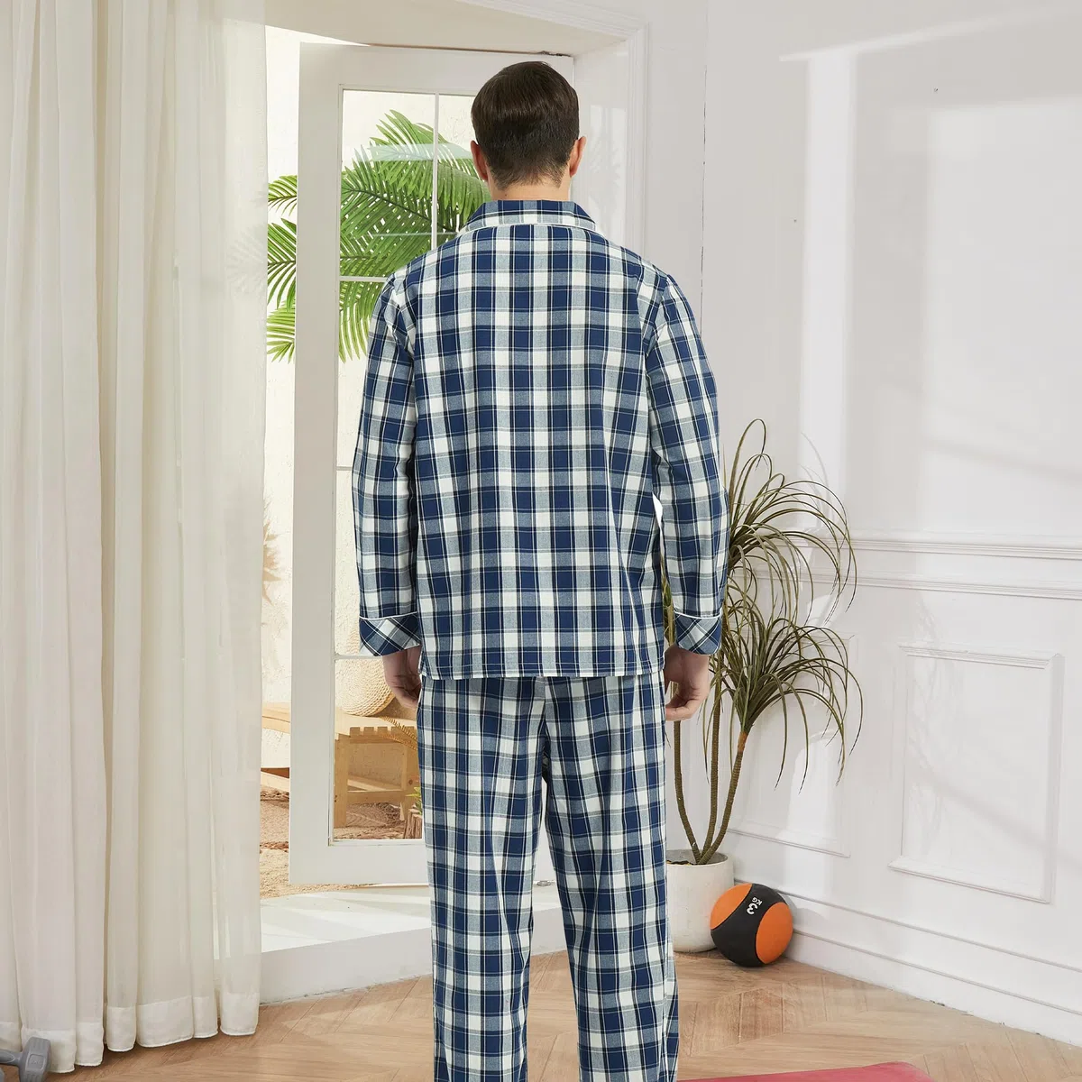 Vulcanodon Pyjama Herren 100% Baumwolle Schlafanzug lang Set kariert mit Knopfleiste weiche Nachtwäsche