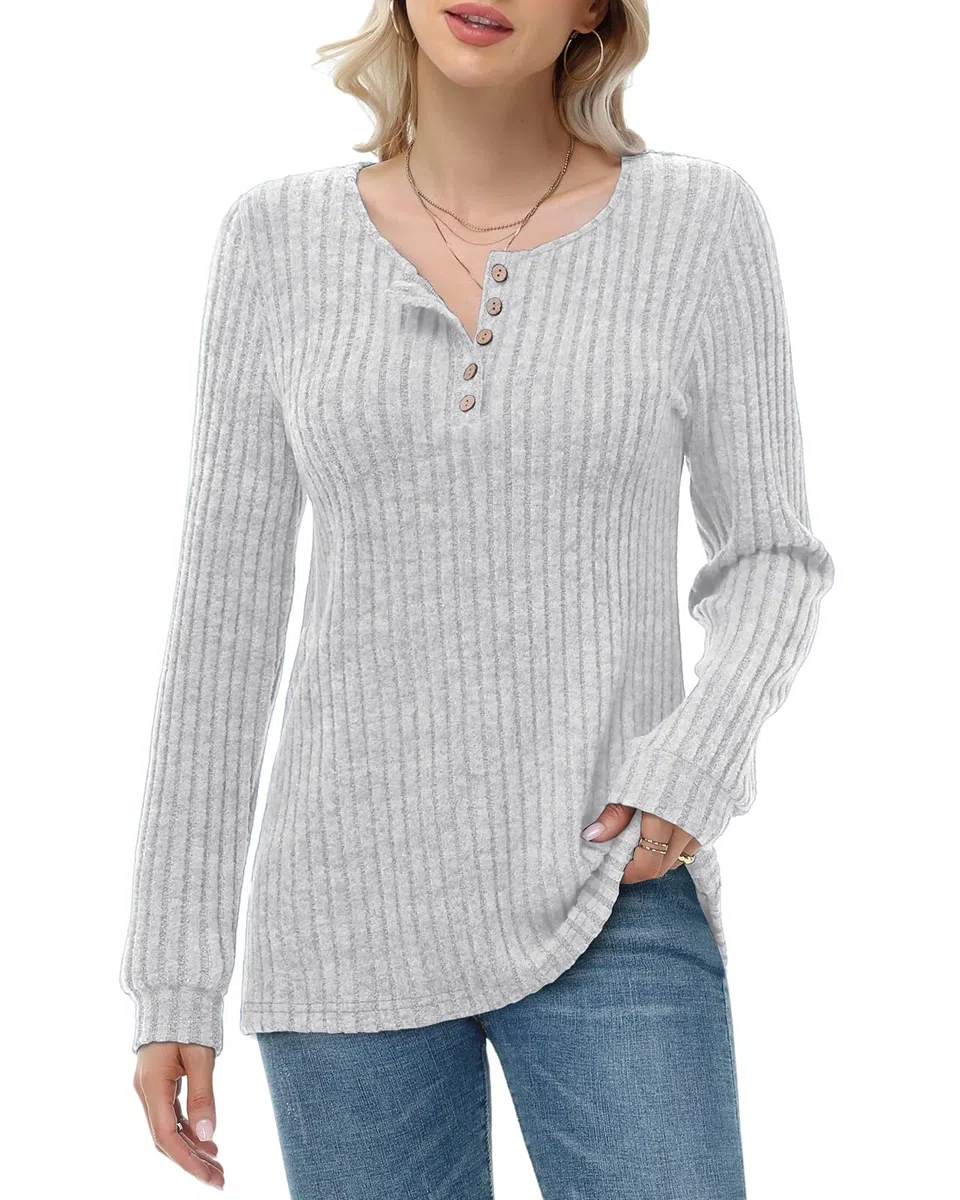 Tanmolo Damen Leichte Strickpullover Langarm Henley Shirt Herbst lässig Rundhals-Knöpfe Elegant Sweatshirt Tunika Tops