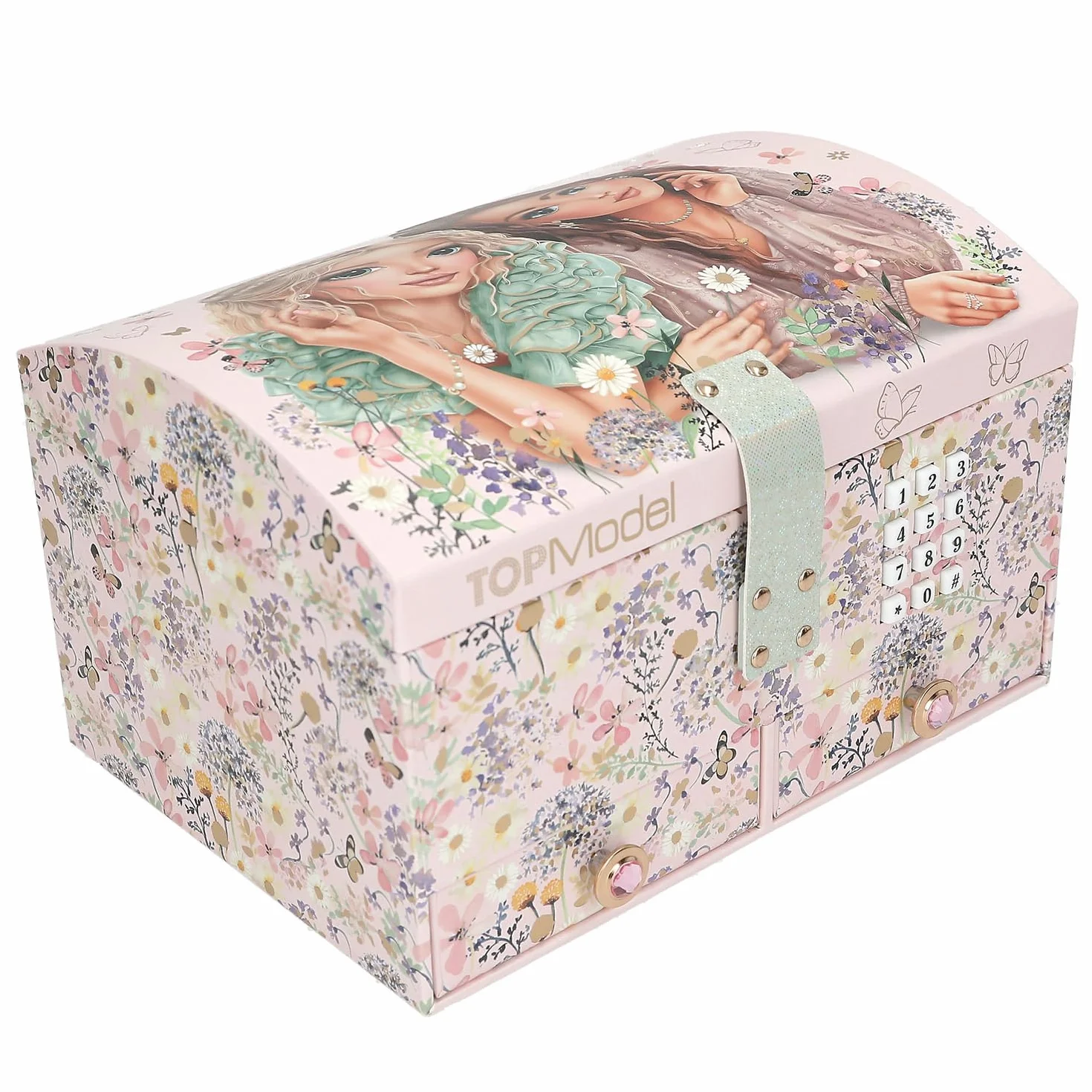 Depesche TOPModel Summer Feeling - Großes Schmuckkästchen in Rosa, mit Model Motiv und floralen Details, Schmuckbox mit Code, Sound und Spiegel