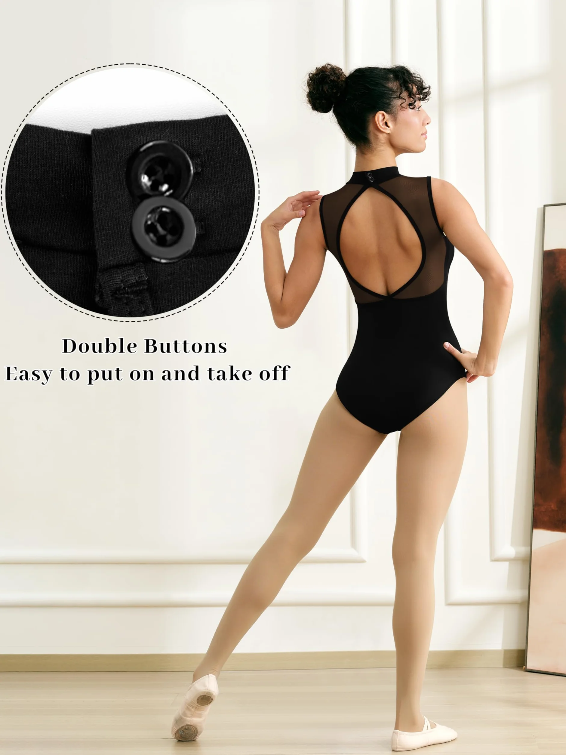 Frauen Mock Hals Ballett Leotards, asymmetrische Mesh Panels, tiefe Rücken Ausschnitt Tanzkleidung