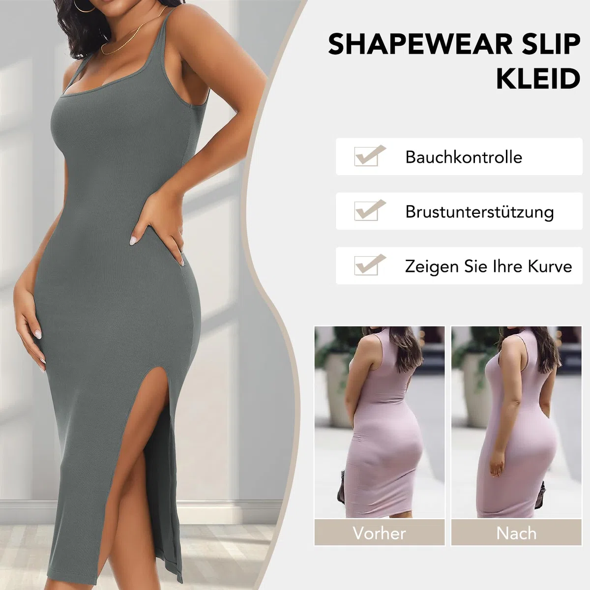 SHAPERIN Shapewear Slip Kleid Damen Bodycon Kleider mit Schlitz Bauchweg Formende Midi Kleid