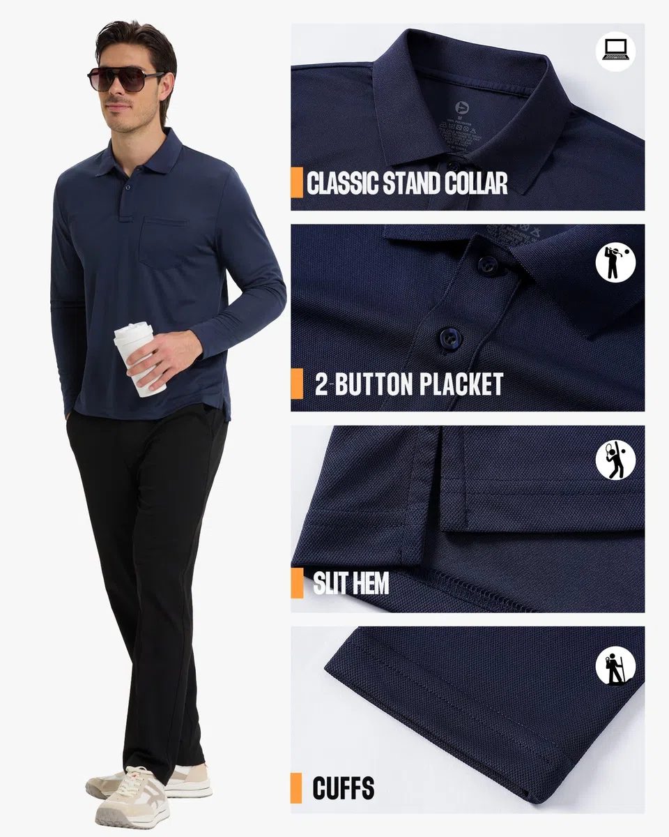 Outdoor Ventures Herren Poloshirt Langarm UPF50+ Sonnenschutz UV Schutz Polohemd Golf Sports T Shirts für Männer Leichtes Atmungsaktiv Poloshirts Casual Polo Tops zum Tennis