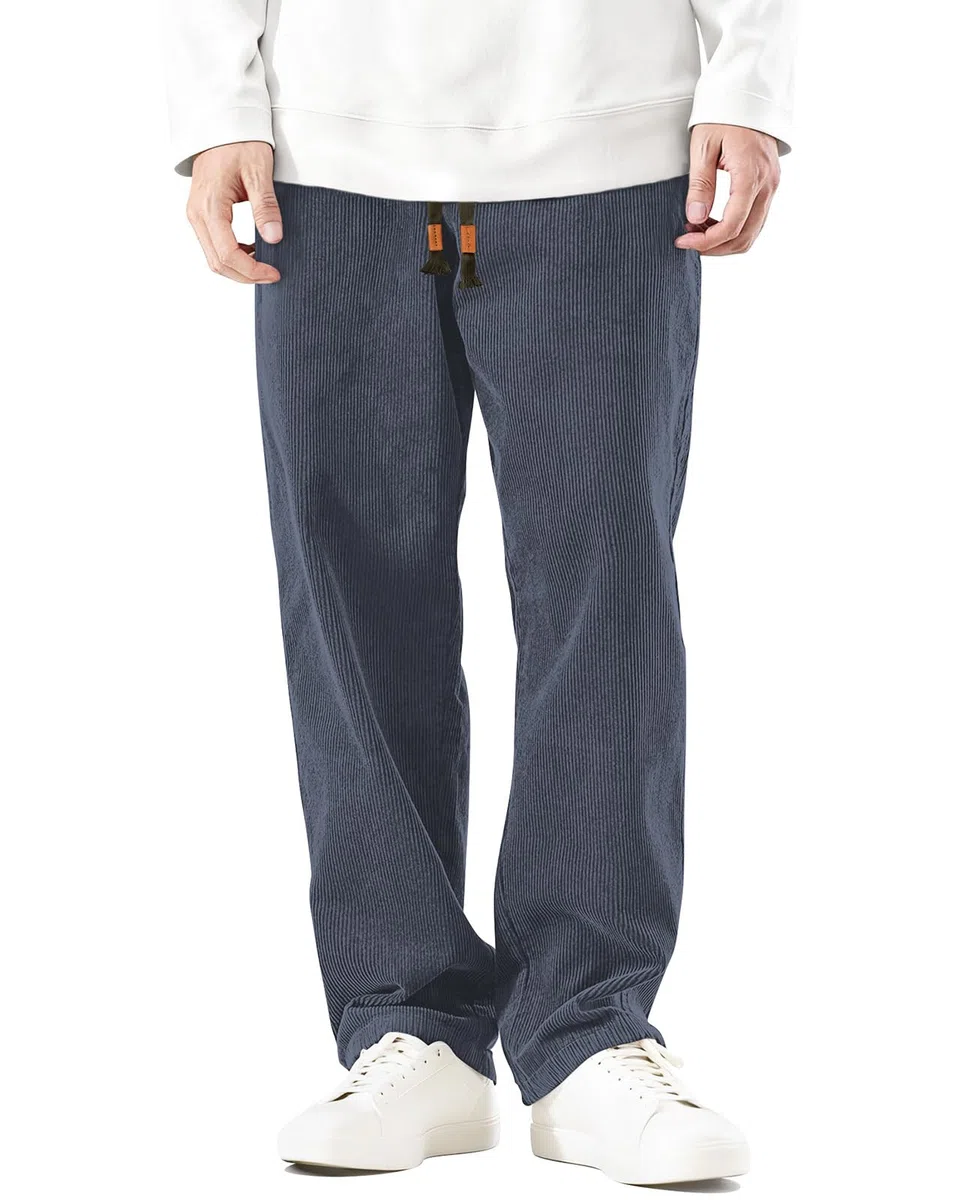 HMIYA Cord Hose Herren Chinohose Regular Weites Bein Hosen Mode Freizeithose Baumwolle Elastische Taillemit Taschen