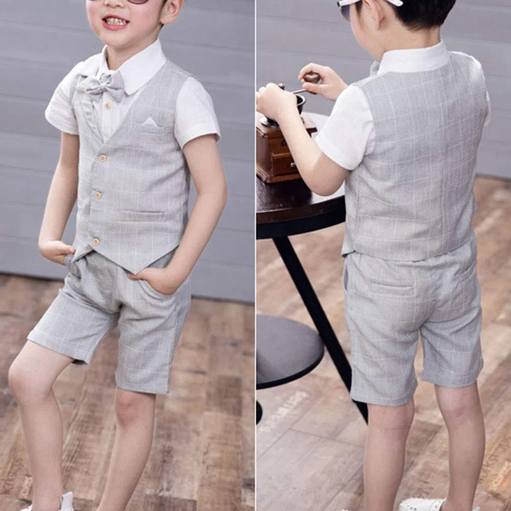 4 Stück Kinder Junge Anzug Sommer Hochzeit Anzüge Weste + Kurzarm Hemd + Kurze Hose + Bowtie Kinderanzug Festlich Outfit