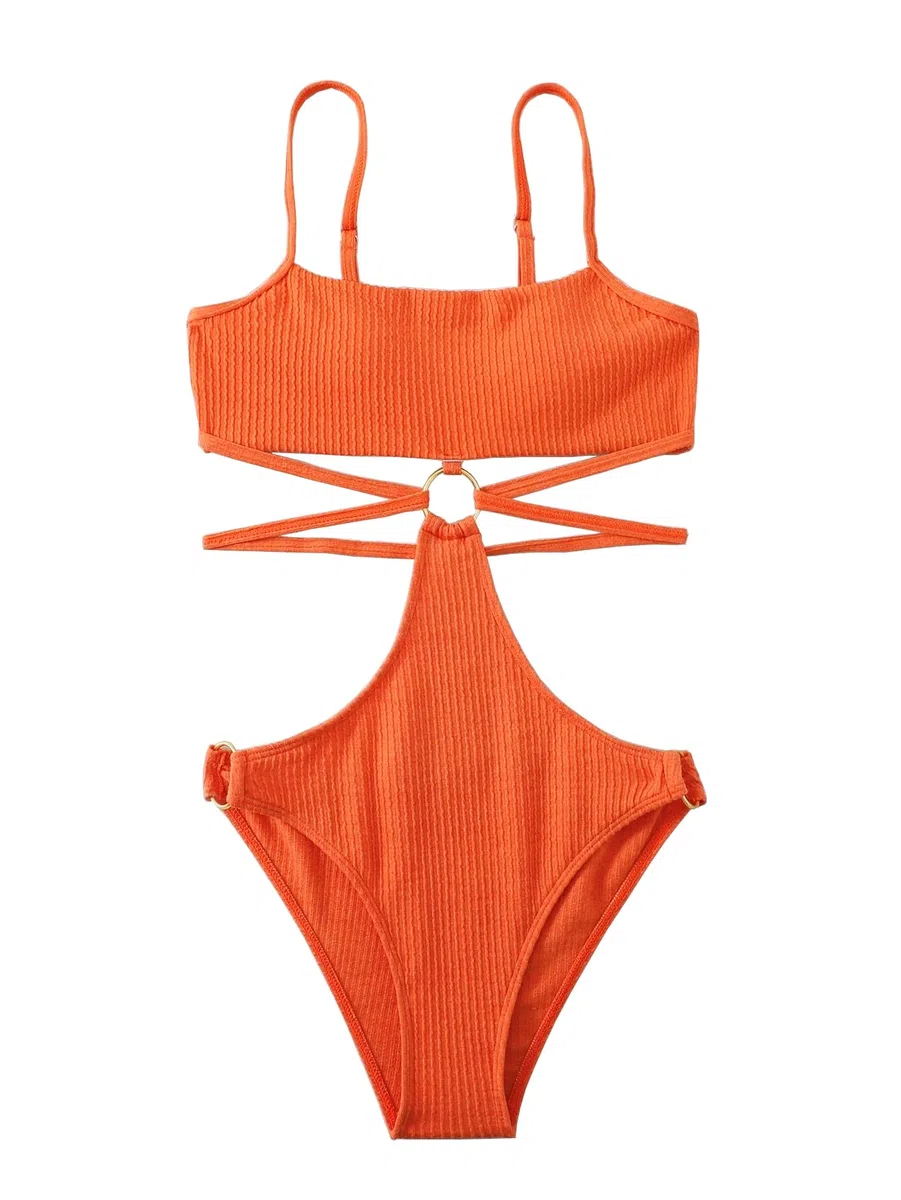 FlatterMe Ring Linked Cut-Out One Piece Badeanzug U-Ausschnitt Schnürung Rücken Monokini Badeanzug