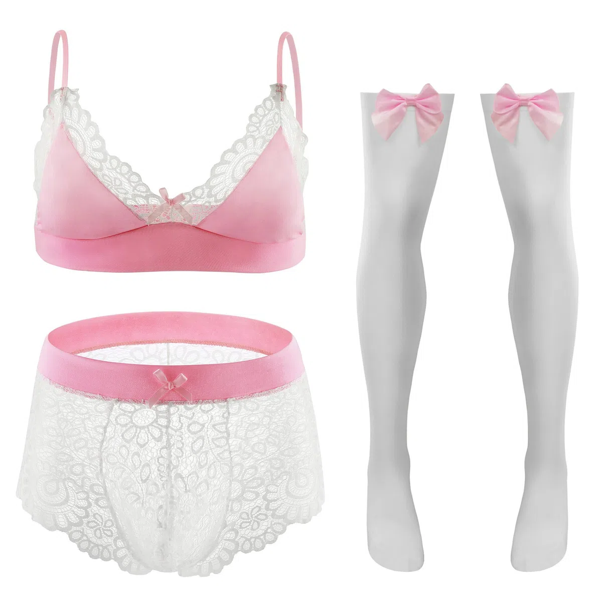 Happy Cherry Bikini Crossdressing Dessous Set für Männer Büstenhalter Unterwäsche Strümpfe Set 3 Stück