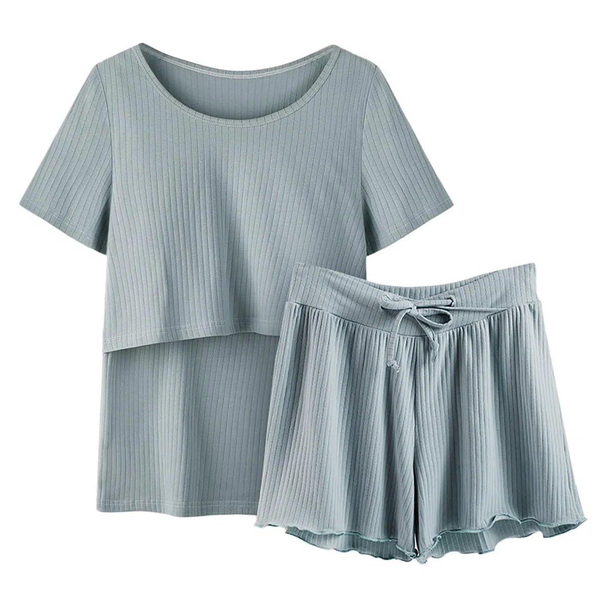 Damen Stillpyjama Kurz Stillen Schlafanzug Zweiteiliger Umstandspyjama Kurzarm Stilltop + Hose Elastischem Pyjama-Set Stillfunktion Schwangerschaft Nachtwäsche Umstandsmode für Schwangerschaft