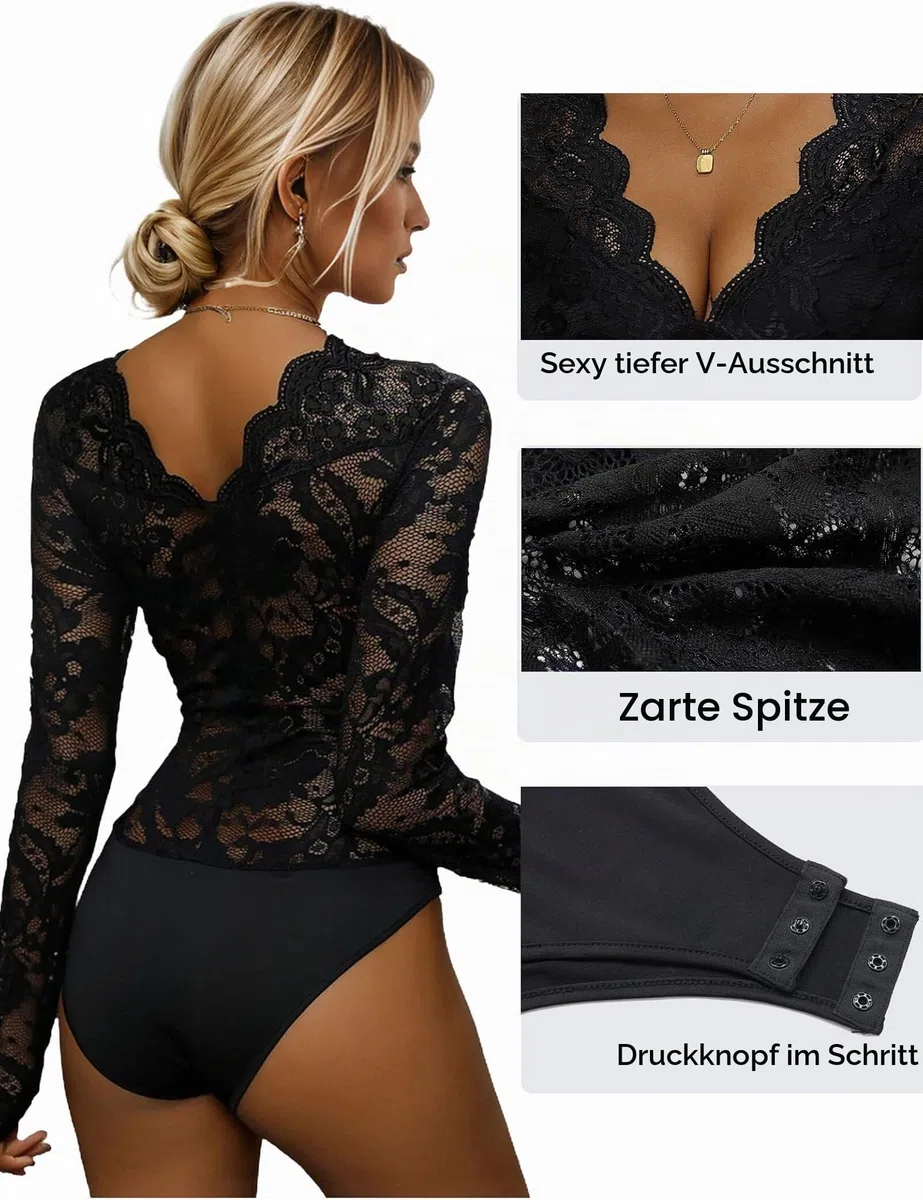 Everbellus Damen Sexy Spitze Body Anzüge Langarm Deep V Dessous Top Date Night Clubwear