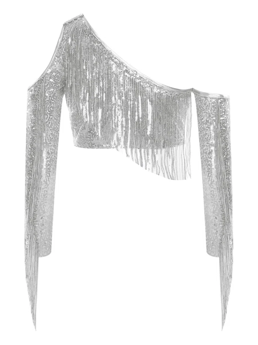 TiaoBug Mädchen Pailetten T-Shirt EIN-Schulter Tee Glänzend Langarmshirt mit Cut Out Fransen Tunika Jazz Tanz Shirts Glitzer Party Tops Tanzkostüm