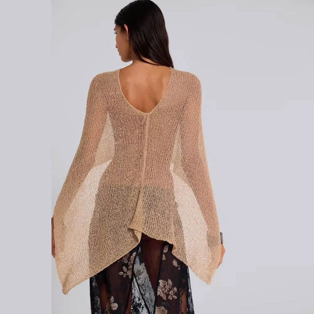 Poncho Damen Transparenter Leichte Strickponcho Asymmetrisch Multifunktional Mesh Shrugs Häkeltops für Sommer und Frühling(Braun)