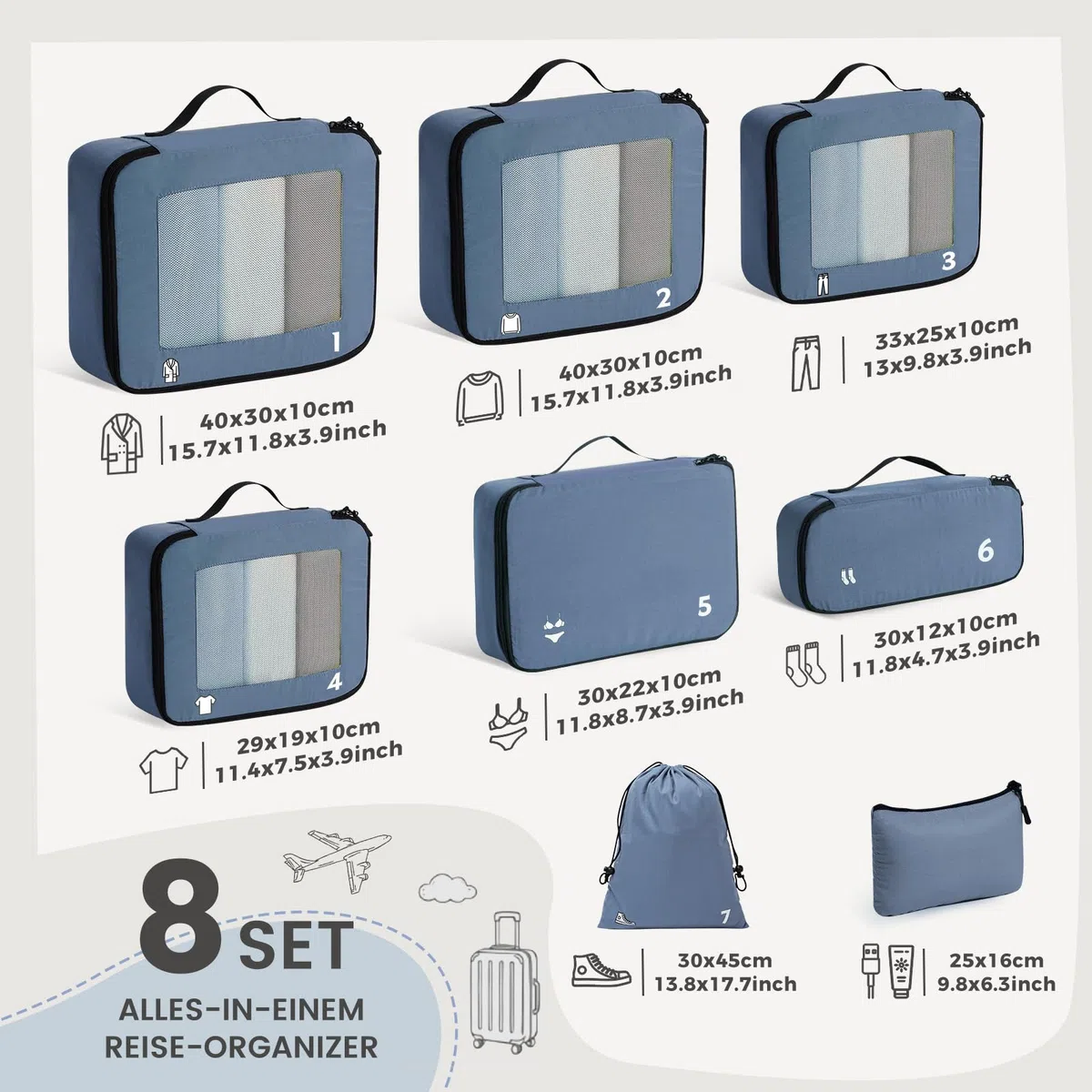 Koffer Organizer Packing Cubes 8 Teilige, Packwürfel Travel Reise Organizer Set FüR HandgepäCk Koffer Und Rucksack