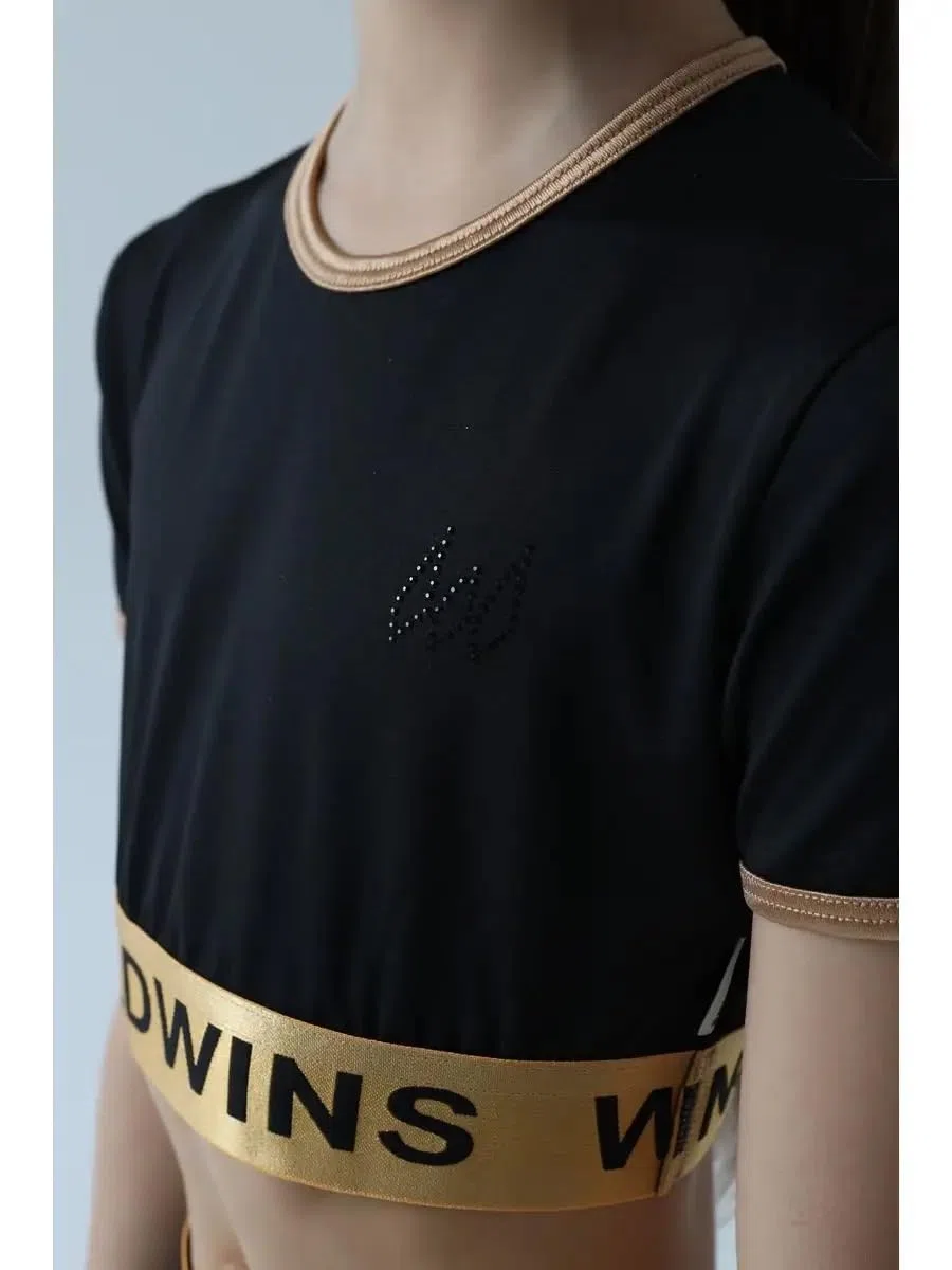 Gran Prix Crop Top Mädchen – Kurzarm Sporttop Schwarz Gold | Gymnastics Dance | 90% Polyamid