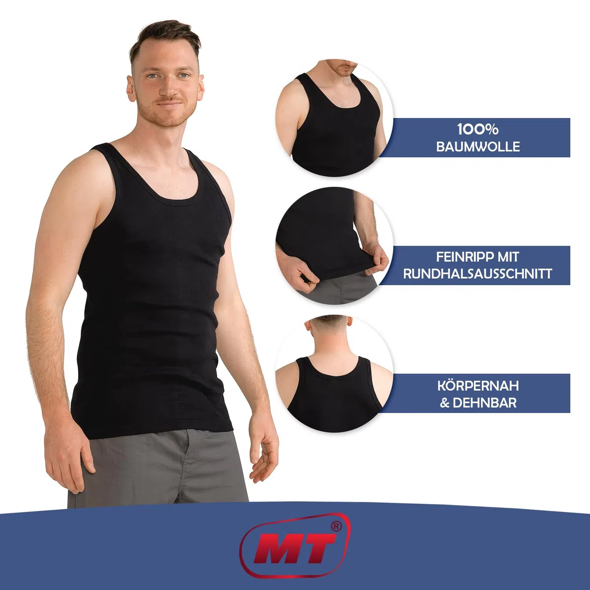 MT 6er Pack Herren Baumwoll Unterhemden Schwarz Weiß Classic Mix - Feinripp oder Doppelripp