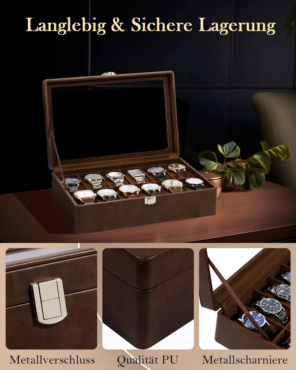 Uhrenbox mit 12 Fächern, Uhrenkasten mit Glasdeckel, Watch Box mit herausnehmbarer Unterlage, Metallverschluss, Geschenk, Braunes Kunstleder, Braunes Innenfutter