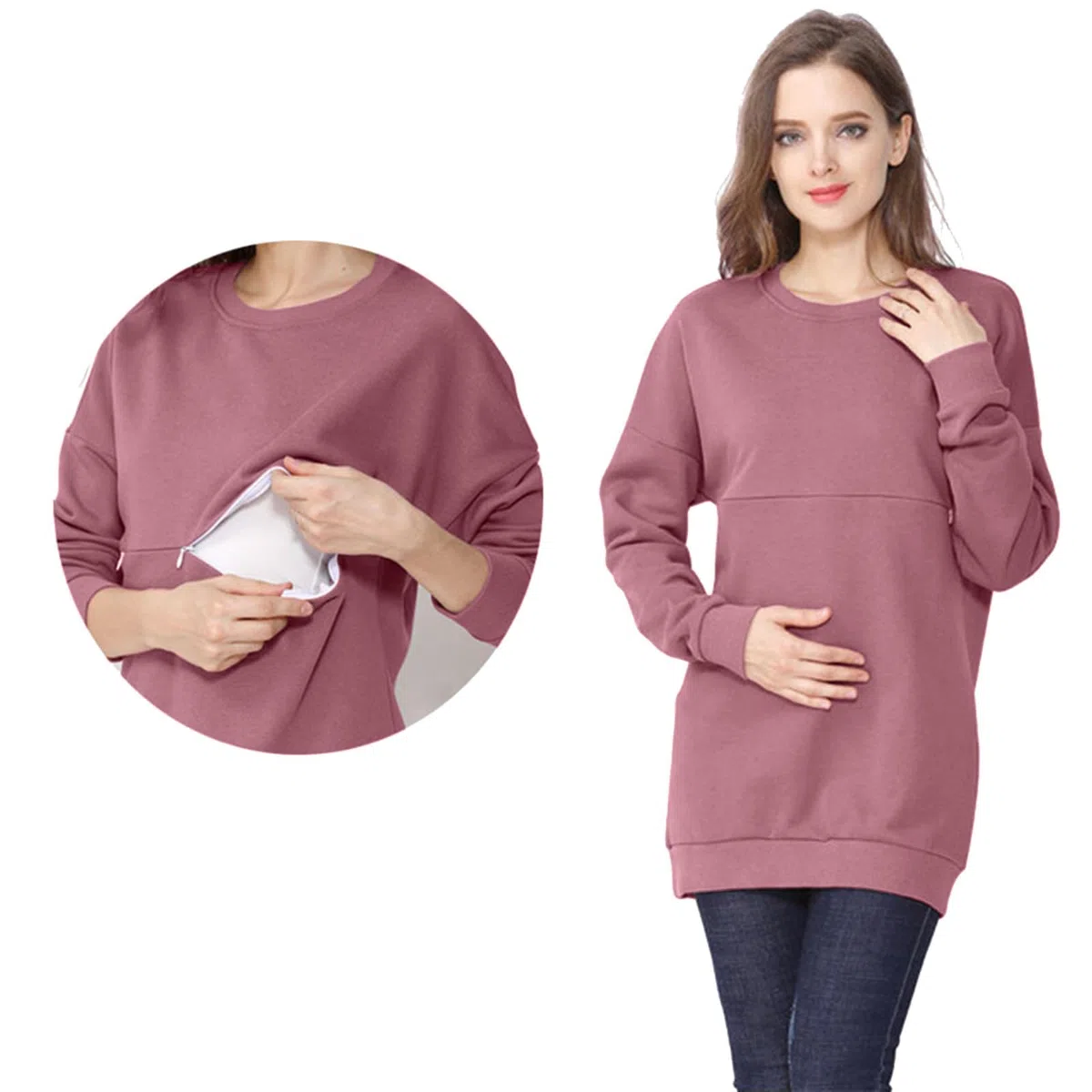 Damen Mutterschaft Reißverschluss Sweatshirt Einfarbig Jumper Stilloberteile Winter Langarm Stillkleidung für Stillen Nursing Top Schwangerschaft Stillpullover Winter Langarmshirts