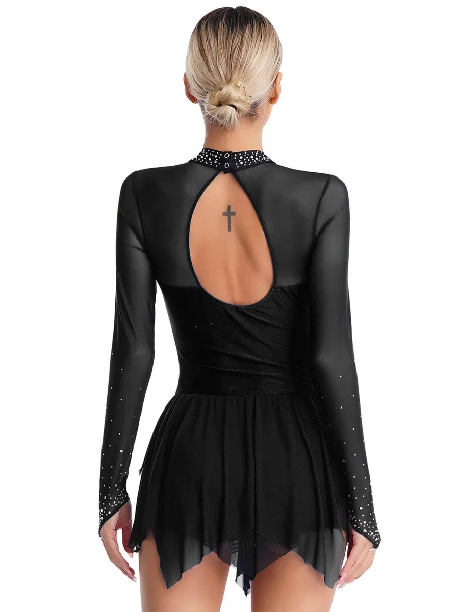 Akrobatin Kostüm Damen Eislaufkleid Langarm Rollschuhkleid Strass Gitzer Tanzkleid Wettbewerb Performance Bekleidung