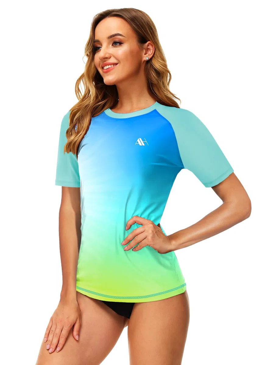 Damen UV Badeshirt Kurzarm Schwimmshirt UPF 50+ Rash Guard Schnelltrocknend Surf Shirt