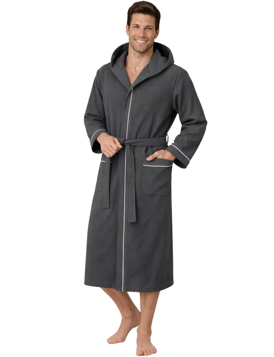 Morgenstern Bademantel Herren Leicht Waffelpique 100% Baumwolle Kapuze Lang Oeko-Tex Standard Ben