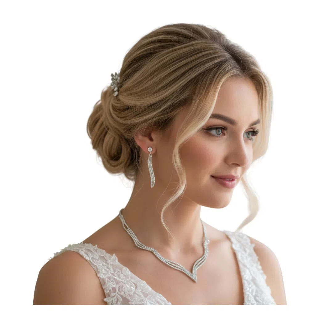 3er Set V SILBER Strass Schmuckset Damen – Halskette Ohrringe Armband Collier Brautschmuck Hochzeit Abiball Kommunion