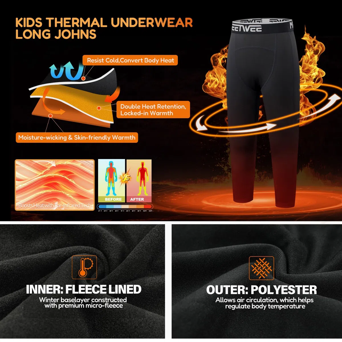 MEETWEE Jungen Thermo Leggings Gefütterte Winter Leggins Mit Kinder High Waist Thermounterwäsche Dicke Warm Lange Hose