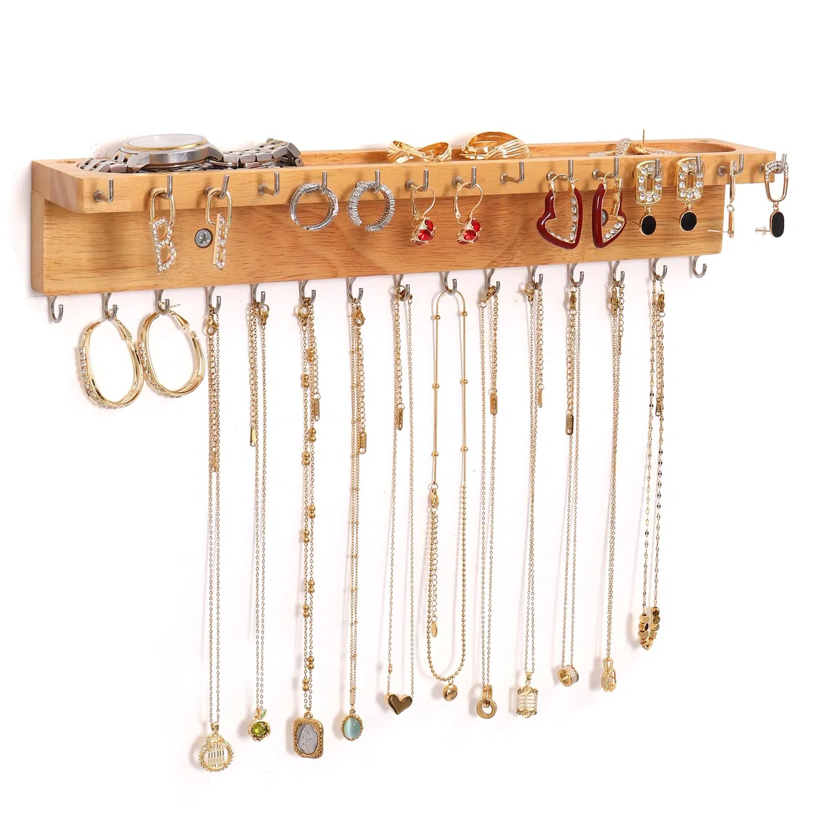 Halskettenhalter Organizer Wandmontage, Schmuckhalter Organizer mit 30 Haken, Eichen Schmuckorganizer und Aufbewahrung für Halsketten, Armbänder und Ringe (Holzfarbe)