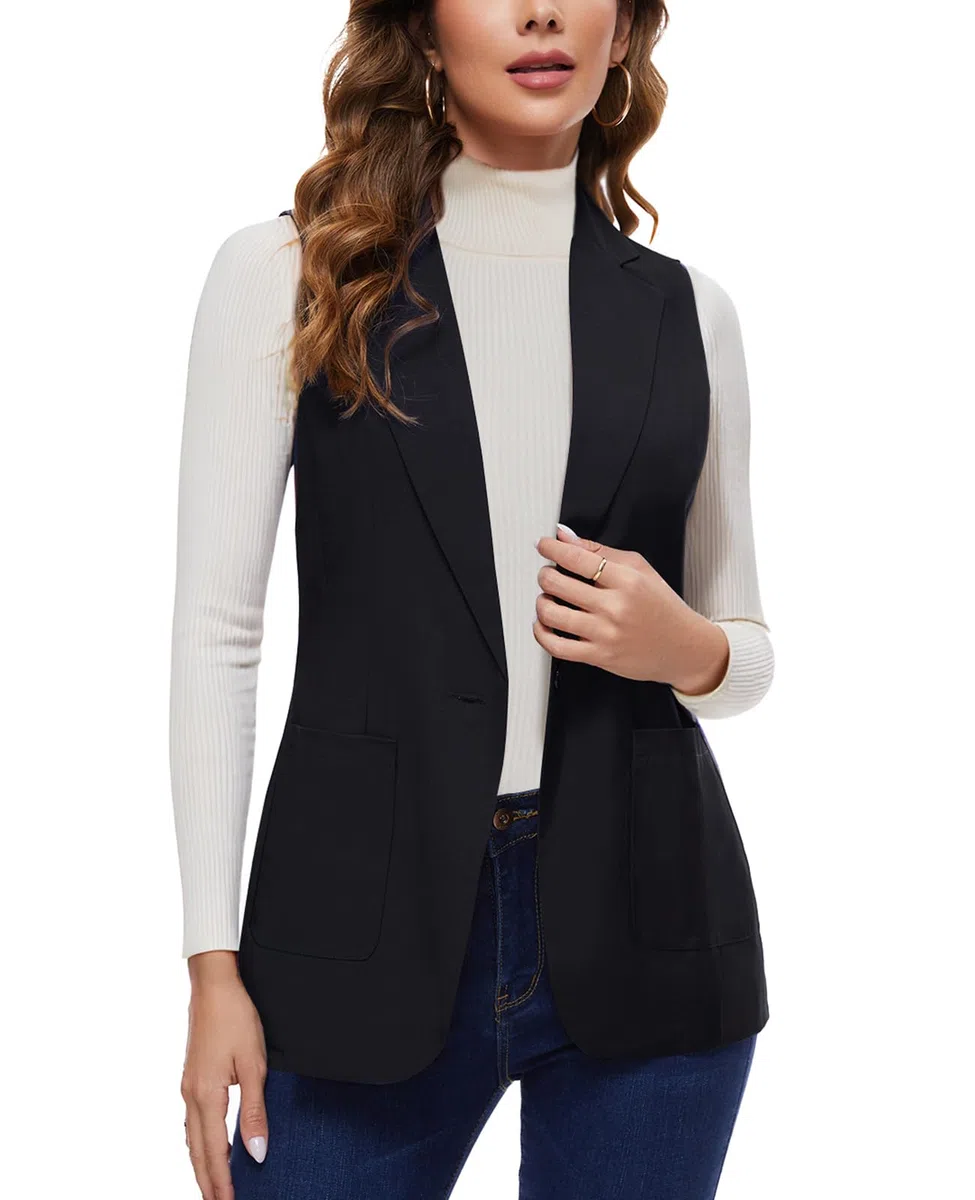 Ärmelloser Blazer für Damen, lange Büroweste, vollständig gefüttert, Ein-Knopf-Oberteil, Jacke, Weste, gekerbtes Revers