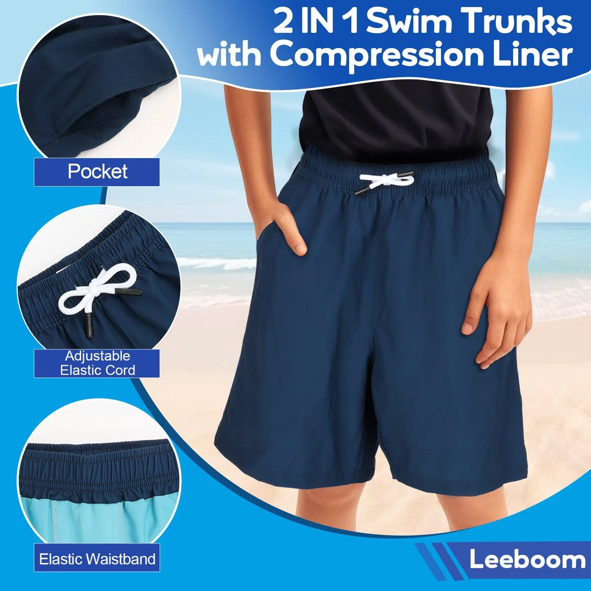 Leeboom Badehose Jungen Badeshorts Kinder 2-in-1 Badeshorts Jungen mit Kompression und Verstellbarem Tunnelzug - Badehosen für Jungen 5-14 Jare