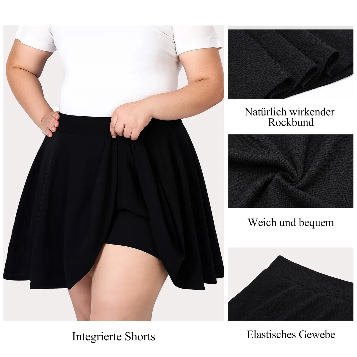 TRIWORKS Elegante Rock mit Hose Drunter Basic Hohe Taille Hosenrock Damen A-Linie Mini Skater Rock Große Größen