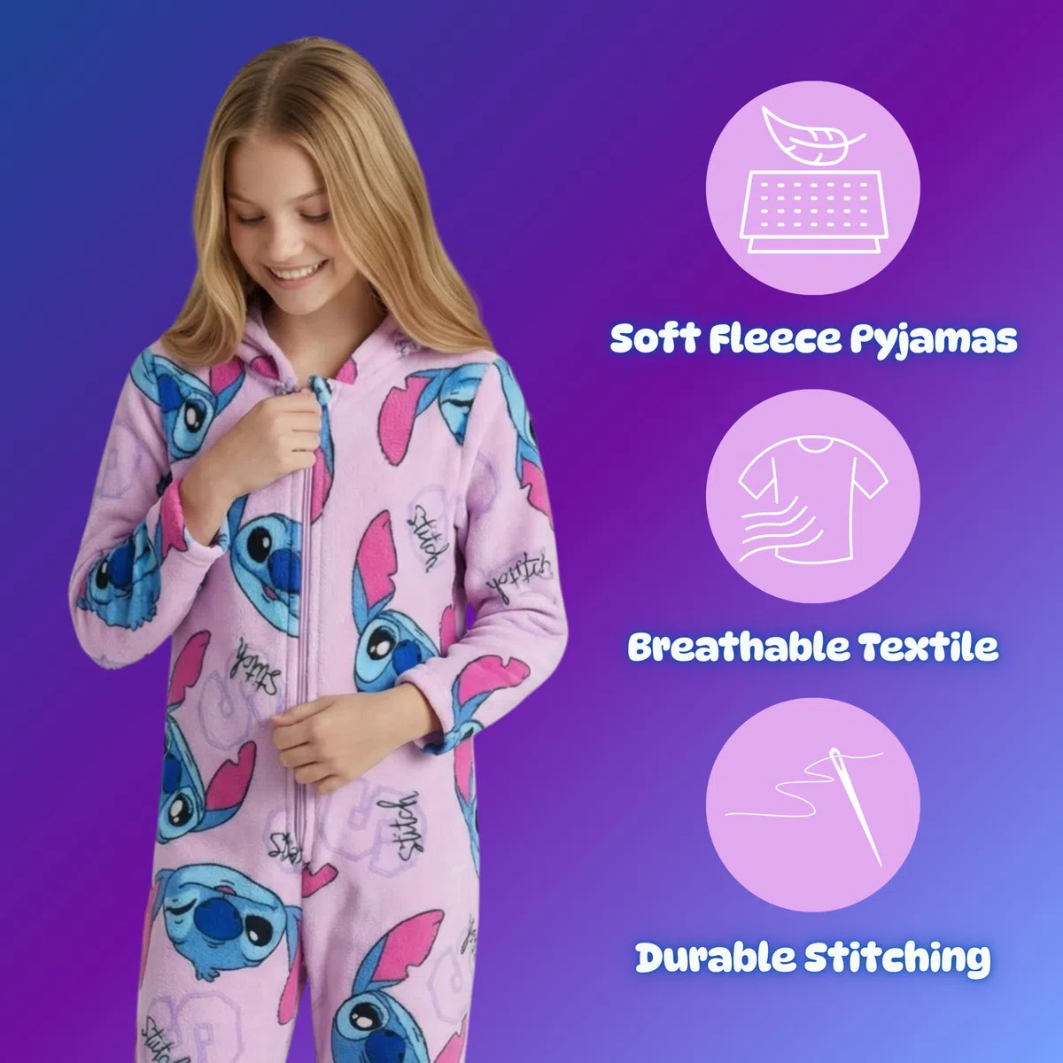 Disney Stitch Mädchen Schlafanzug, Einteiliger Schlafanzug Weiches Fleece Pyjama, Größen 6 bis 12 Jahre