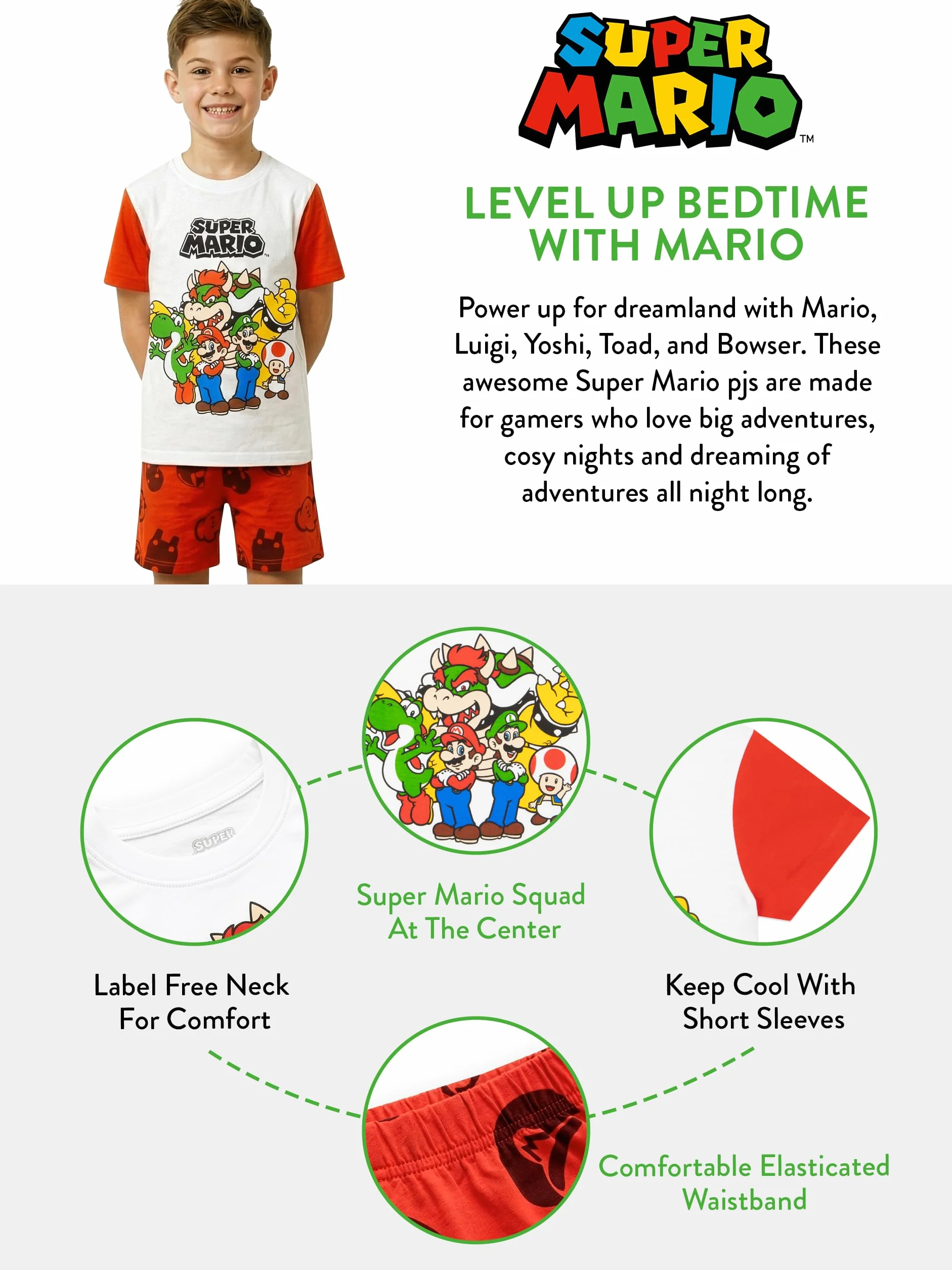 Super Mario Pyjama Kinder, Schlafanzug Kinder Jungen Kurz Set, Bequemer Schlafanzug Mit Mario Design