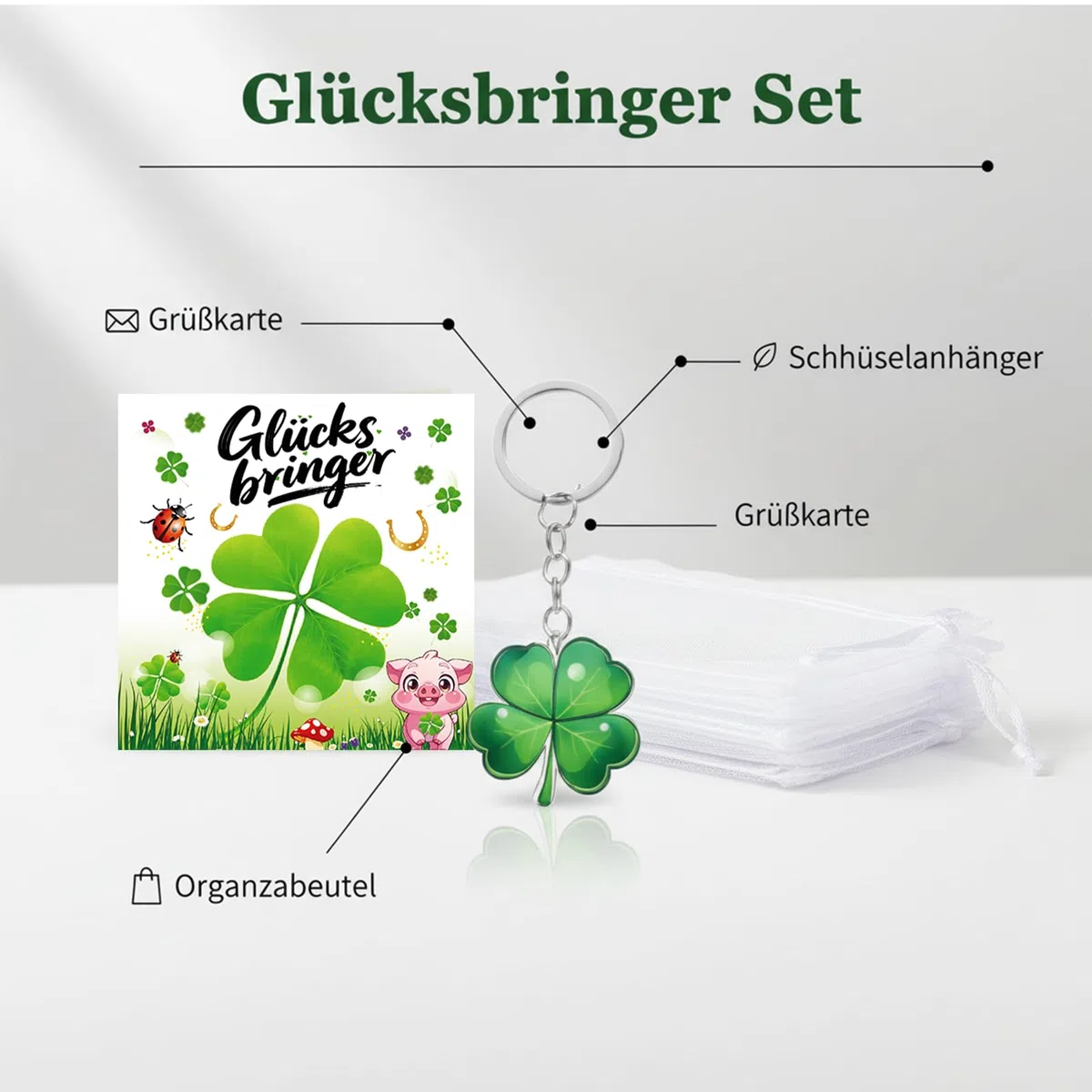 OuMaiFeng 24 Stück Acryl Kleeblatt Glücksbringer Schlüsselanhänger Set,Abschiedsgeschenk Schüler,Abschiedsgeschenk Kollegen,Grußkarte und Organzabeutel,Party Mitgebsel,Geschenke für Freunde Familie