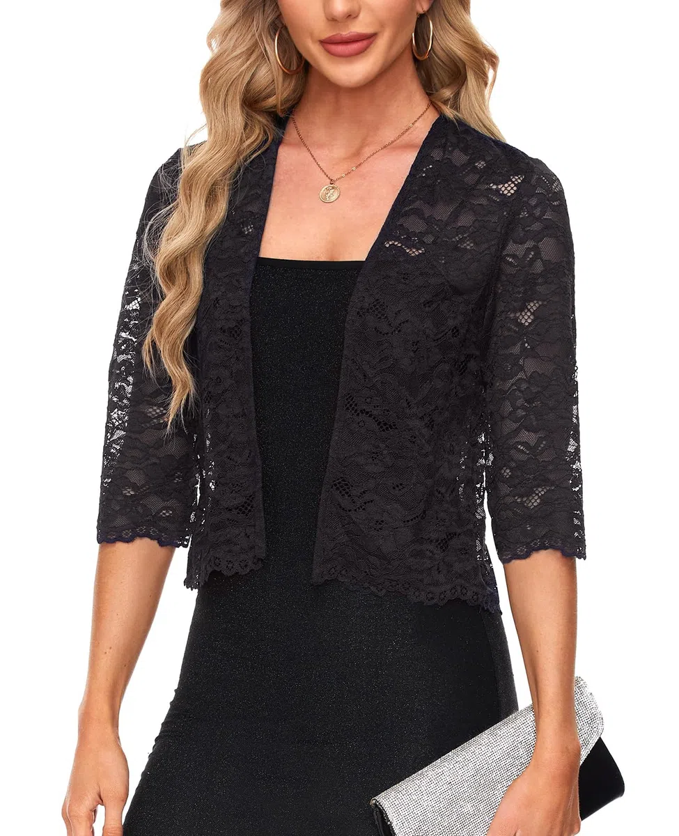 MINTLIMIT Damen Spitze Bolero Offene Vorne Strickjacke 3/4 Ärmel Cardigan Elegant Boleroshrug Einfarbige Oberteil