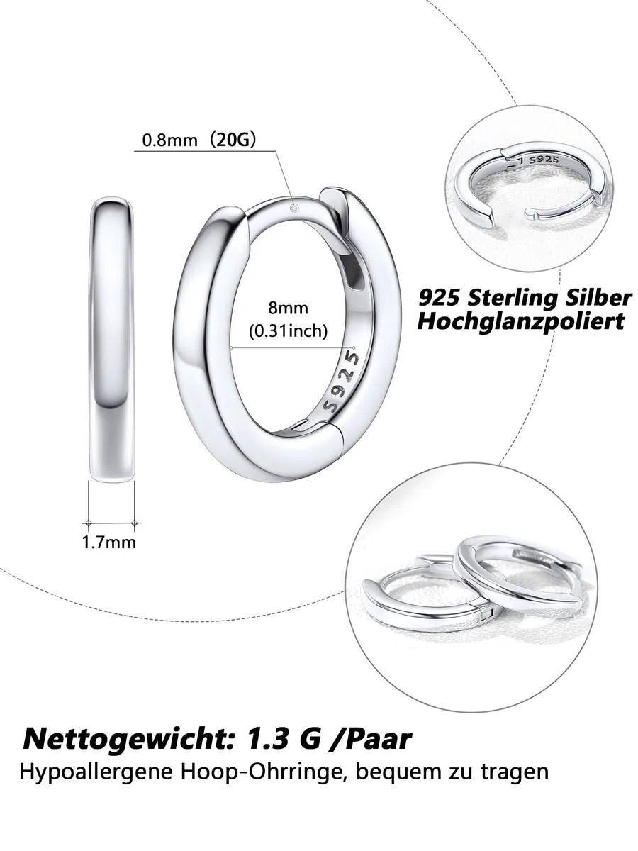 Silvora Kleine Creolen Silber 6mm/8mm/10mm/12mm/14mm/16mm/18mm/20mm Damen Herren 925 Silber Ohrringe Hoop Huggie Creolen Silber/Schwarz/Rosegold Schläfer Kreolen für Frauen Männer