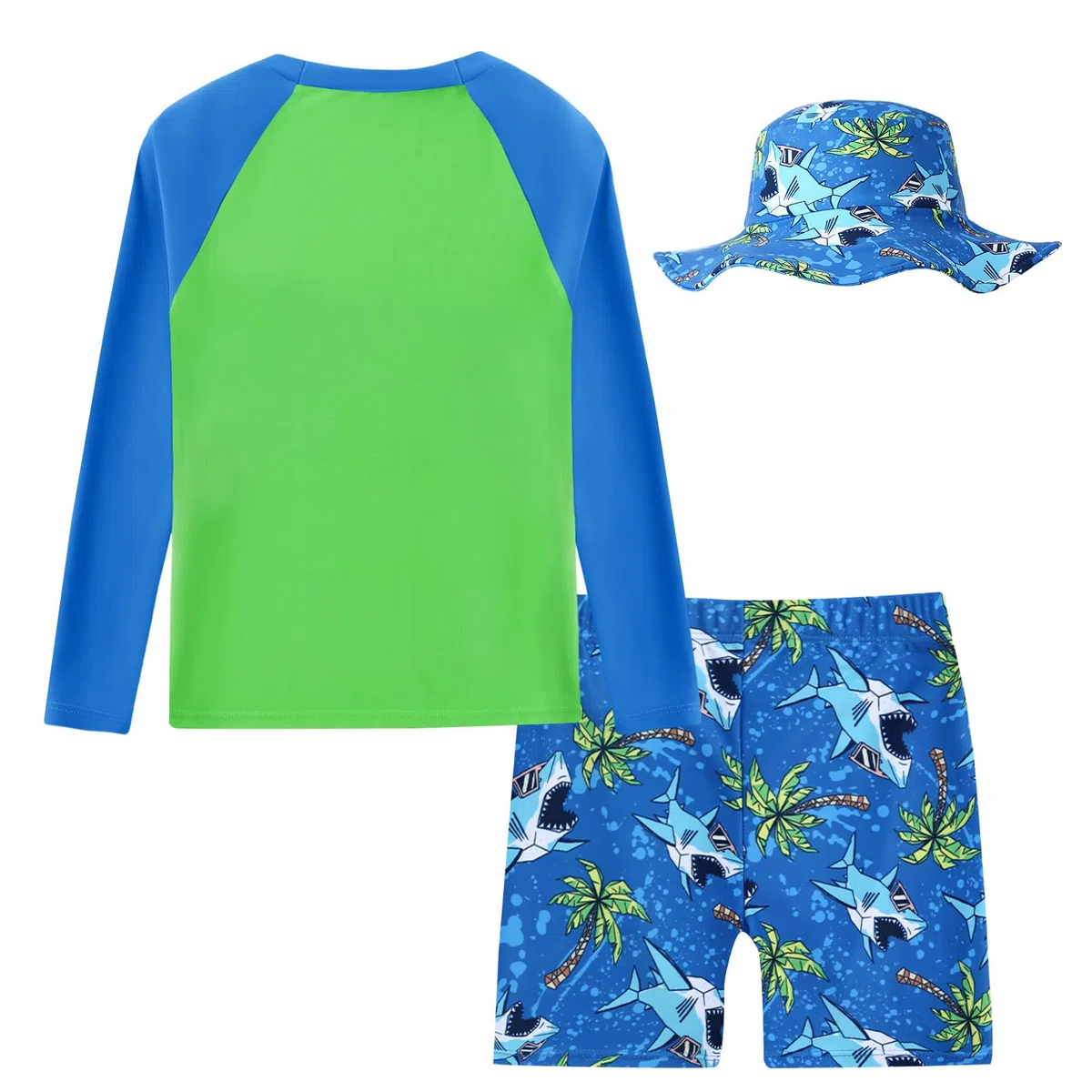 Jungen Schwimmanzug 3 Teil Set UV Langarm Kinder Rash Guard Badehose mit Sonnenhut Haifisch Muster Badeanzug für Jungen 4-12 Jahre