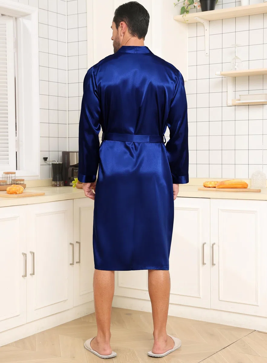 Lovasy Satin Bademantel Herren Lang Kimono Bademäntel für Herren Leicht Morgenmantel Zwei Seitentaschen mit Gürtel