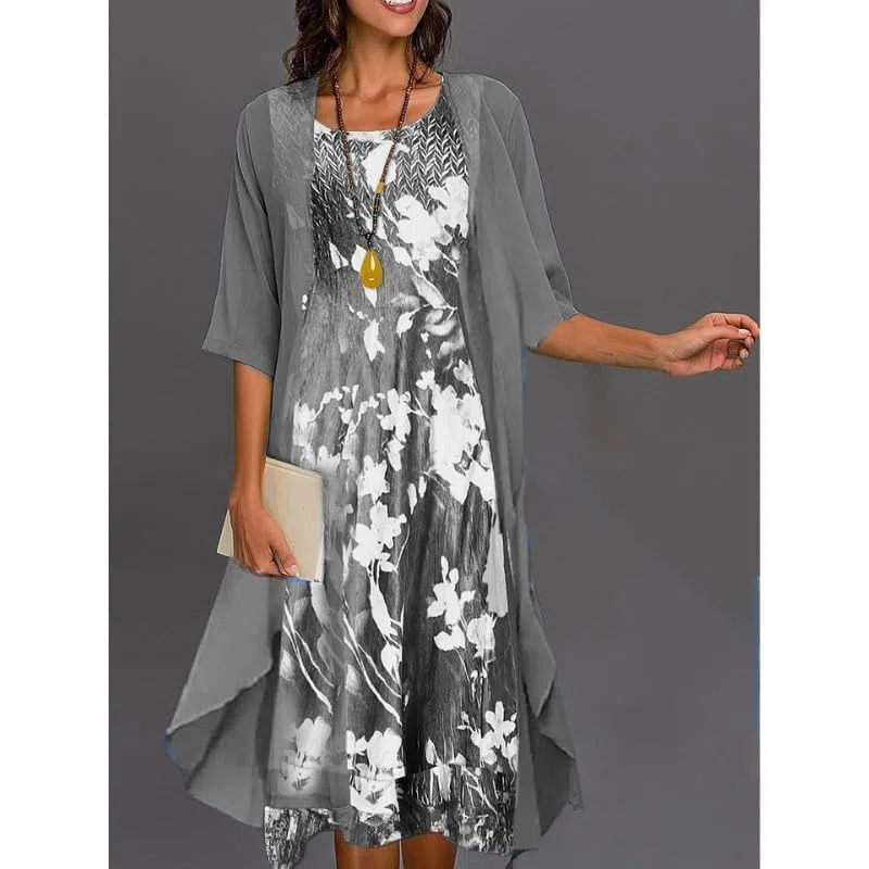 2-teiliges Damen Kleider Set Ärmelloses Midi Kleid mit Chiffon Cardigan Elegant Fließend Hochzeitsgästekleid Formell Lässig Cocktail Outfit