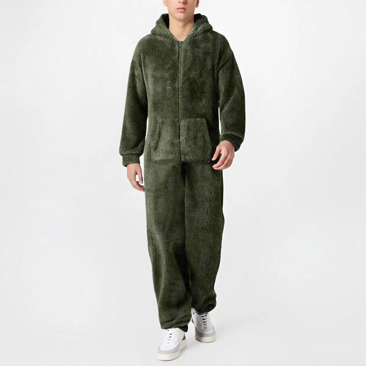Fleece-Overall für Herren, Einteiler, flauschig und weich, Jumpsuit, kuschelig und warm, langärmlig, mit Kapuze, für Herbst und Winter