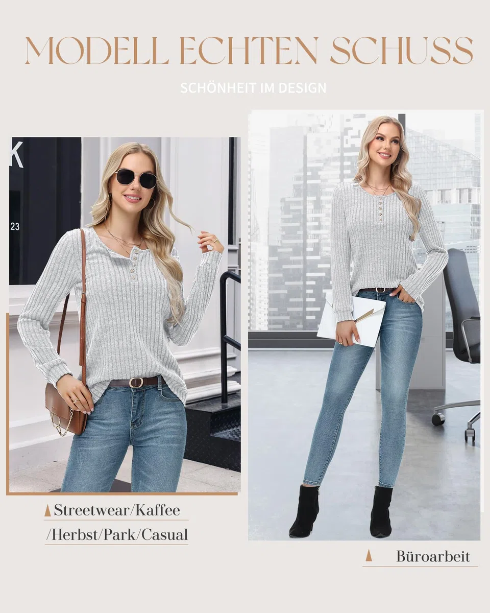 Tanmolo Damen Leichte Strickpullover Langarm Henley Shirt Herbst lässig Rundhals-Knöpfe Elegant Sweatshirt Tunika Tops