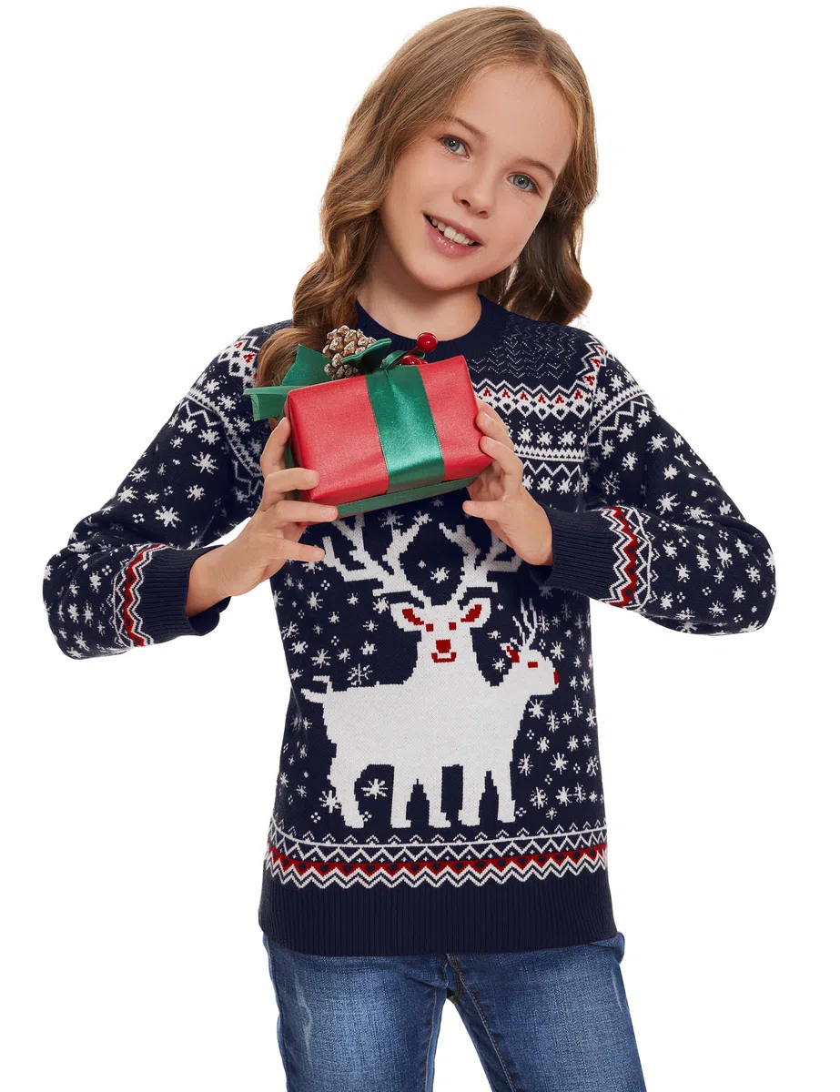 Damen Herren Kinder Weihnachtspullover Lustig Weihnachtspulli Ugly Christmas Sweater Rundhals Strickpullover mit Reindeer Unisex Weihnachts Pullover Familie Set