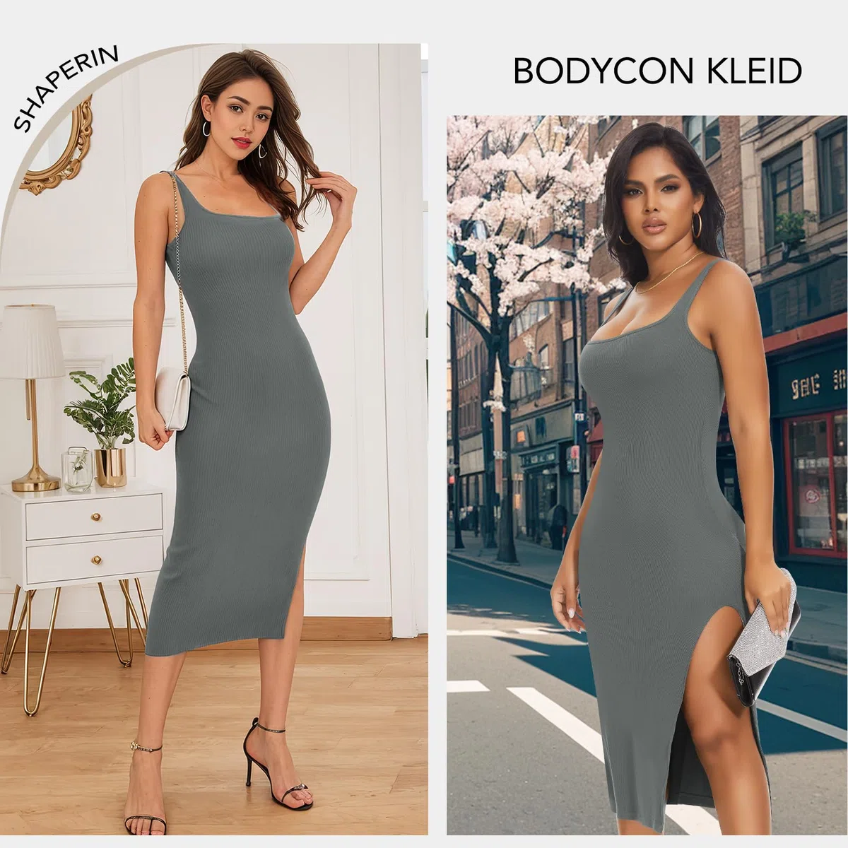 SHAPERIN Shapewear Slip Kleid Damen Bodycon Kleider mit Schlitz Bauchweg Formende Midi Kleid