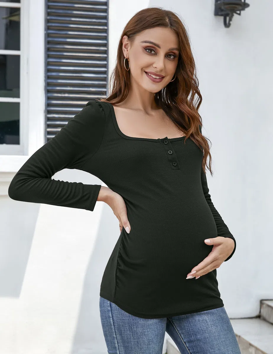 KOJOOIN Damen Schwanger Shirt Umstandsbluse Schwangerschafts Langarm Stillshirt Umstandspullover Umstandsmode Quadratischer Kragen mit Seite Geraffen (Verpackung MEHRWEG)