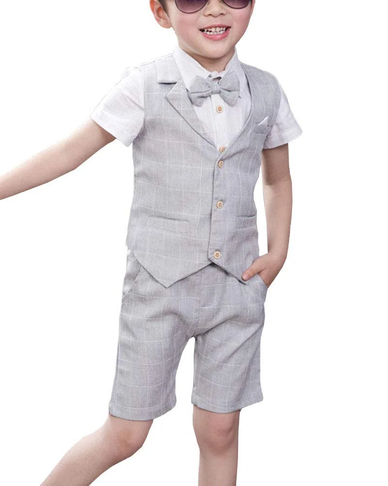 4 Stück Kinder Junge Anzug Sommer Hochzeit Anzüge Weste + Kurzarm Hemd + Kurze Hose + Bowtie Kinderanzug Festlich Outfit