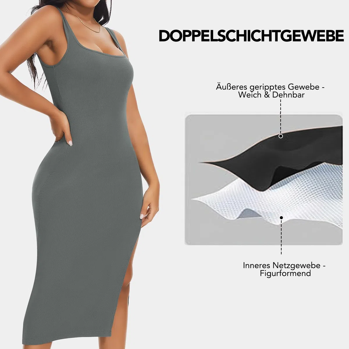 SHAPERIN Shapewear Slip Kleid Damen Bodycon Kleider mit Schlitz Bauchweg Formende Midi Kleid